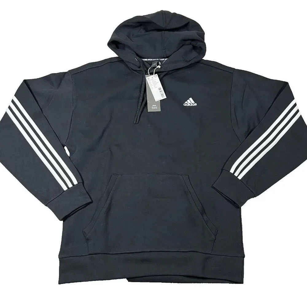 Adidas‎ Mens Medium Black 3 Striped Sport Performance Hooded Sweatshirt NWT